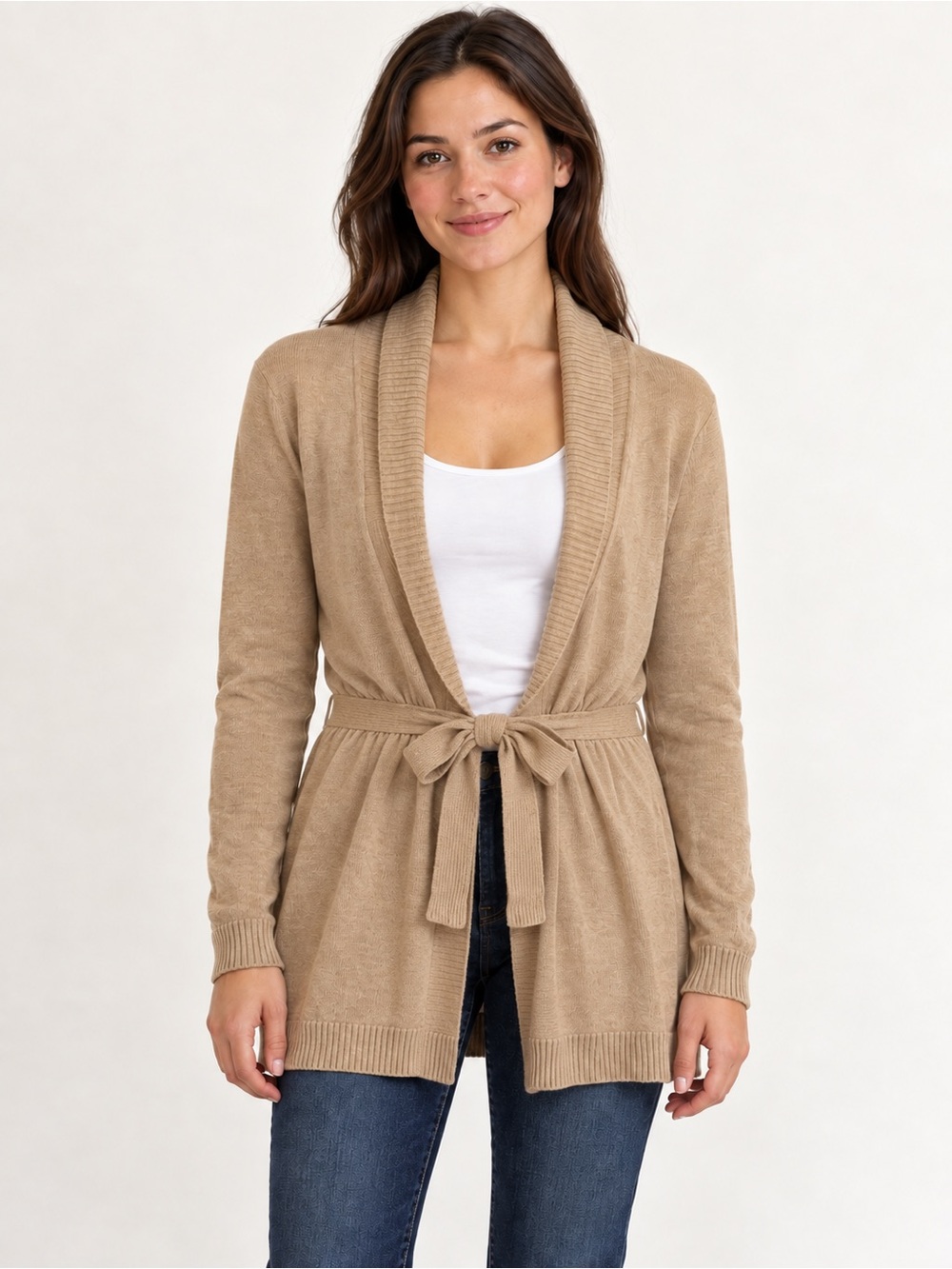 Vineyard Vines XS Tan Tie Waist Cardigan Wool Cashmere Blend Shawl Collar